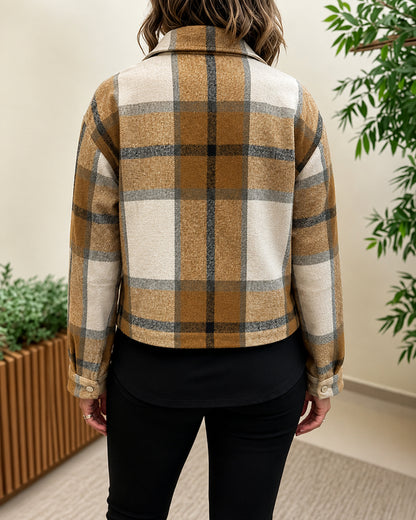 Women's Plaid Cropped Shacket Retro Button Down Long Sleeve Coat