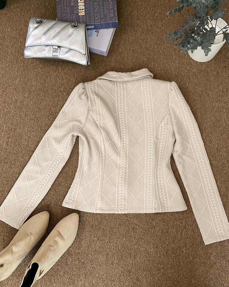Chaqueta corta elegante para mujer, con cuello chal, tejido de punto de ochos en rombos, textura, corte entallado, manga corta, un botón y estilo profesional
