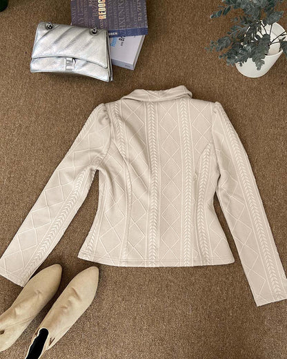 Chaqueta corta elegante para mujer, con cuello chal, tejido de punto de ochos en rombos, textura, corte entallado, manga corta, un botón y estilo profesional