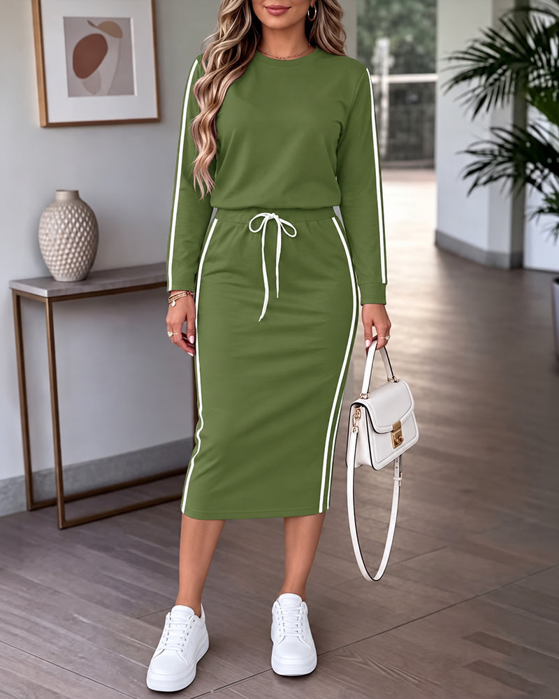 Women's Contrast Side Stripe Long Sleeve Crew Neck Top and Drawstring Midi Skirt Set