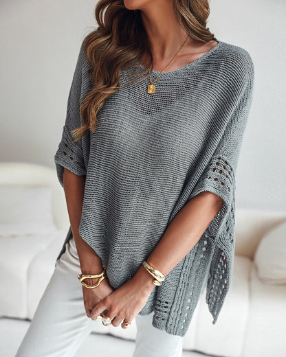 Solid Batwing Sleeve Hollow Out Crochet Pattern Top Casual Cover Up