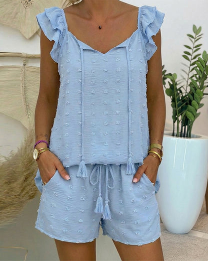 2 Pieces Outfit Tie Neck Flutter Sleeve Hollow-out Front Stretchy Back Top and Drawstring Elastic Waist Shorts Set Casual 3D Decor Textured Vacation Set