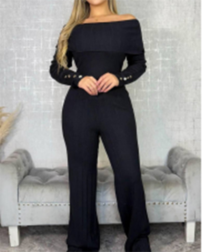 2 Pieces Outfit Button Decor Foldover Off Shoulder Slim Fit Top and Elastic Waist Wide Leg Pants Set Casual Ribbed Set