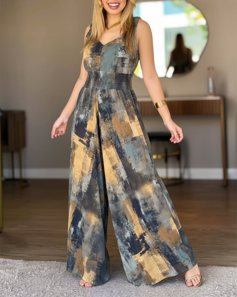 Abstract Oil Painting Print V-Neck Stretchy Thick Straps High Waist Backless Overalls Casual Shirred Waist Cinched Waist Wide Leg Jumpsuit