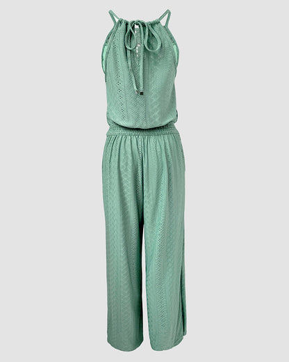 2 Pieces Outfit Halter Tie Guipure Lace Spliced Front Hollow-out Back Top and Elastic Back Waist Wrapped Slit Pants Set Casual Jacquard Textured Vacation Set