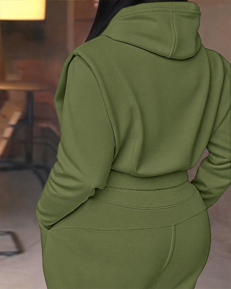 2-teiliges Outfit, langärmliges, kurzes Kapuzenpullover-Sweatshirt mit Kordelzug, Bündchen mit Daumenlöchern und lässigem Jogginghosen-Set mit Kordelzug und elastischer Taille mit weitem Bein 
