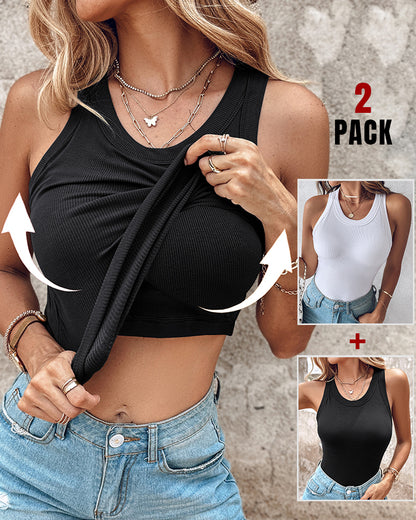 Chicme Built In Bra 2 Piece Athletic Tank Tops For Women Ribbed Tank Top