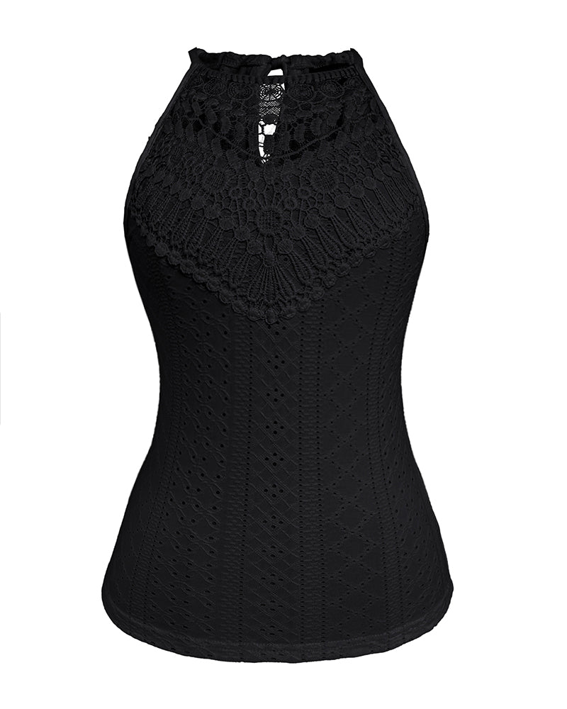 Halter Lace Up Water Soluble Lace Trim Sleeveless Tank Jacquard Casual Slim Fit Knit Top