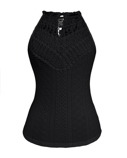 Halter Lace Up Water Soluble Lace Trim Sleeveless Tank Jacquard Casual Slim Fit Knit Top