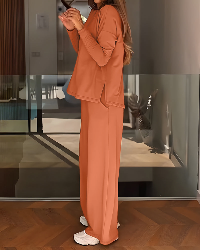 Women's 2 Piece Lounge Set Side Slit Long Sleeve Top and High Waist Wide Leg Pants Outfits with Pockets Casual Tracksuit