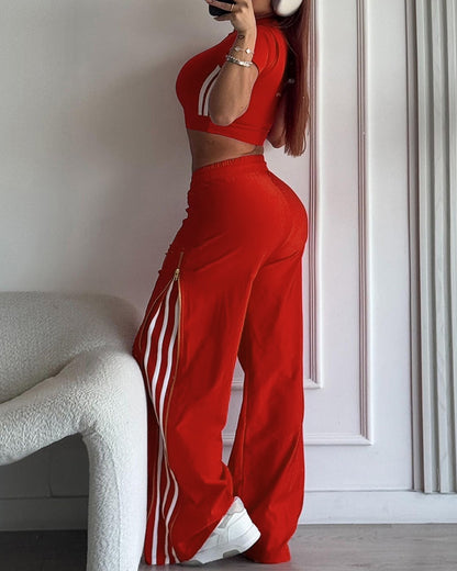 Contrast Side Striped & Zipper Slit Side Drawstring Elastic Waist Trousers Casual Wide Leg Pants