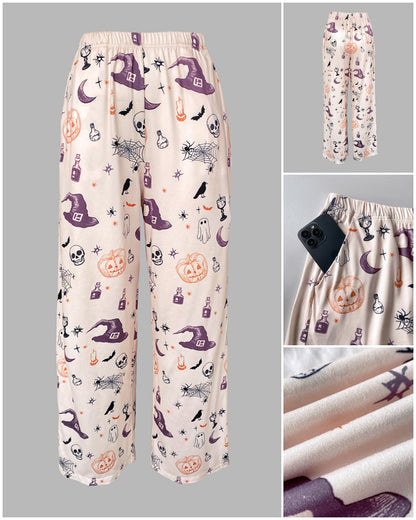 2 Pieces Outfit HAPPY HALLOWEEN Slogan & Graphic Print Long Sleeve Top and Graphic Print Elastic Waist Pants Set Casual Pajamas Set