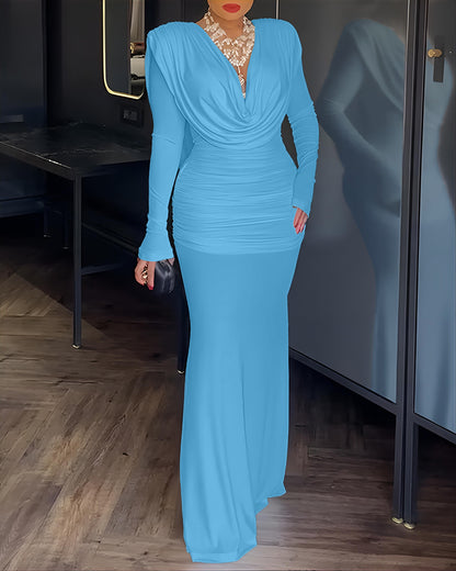 Cowl Neck Ruched Zipper Back Slim Fit Maxi Dress Casual Padded Shoulders Backless Evening Dress