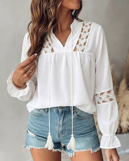 Women's Butterfly Lace Patchwork Jacquard Shirt V-Neck Tassel Tie Blouse Loose Fit Flared Cuffs Hollow-Out Top