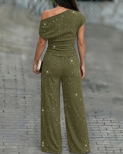 Women's Glitter Textured Two Piece Outfits Plisse Skew Neck Ruched Top and High Waisted Straight Leg Pants Set