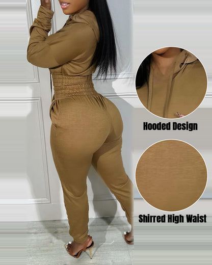 2 Pieces Outfit Drop Shoulder Kangaroo Pocket Stretchy Hem Crop Drawstring Hoodie Sweatshirt And Drawstring Elastic Waist Jogger Sweatpants Casual Tracksuit