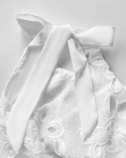 Square Neck Thick Strap Casual Embroidered Lace Tied Detail Tank