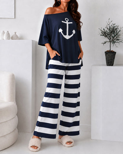 Women's Loungewear Set Anchor Print Side Slit Top and Striped Straight Leg Pants Set Casual Pajamas Set with Pockets
