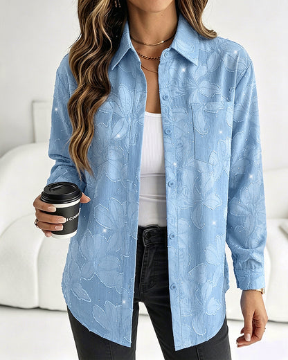 Women's Rhinestone Floral Jacquard Lapel Loose Casual Shirt Button Front Denim Look Top