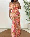 Women's Foldover Off Shoulder Mermaid Dress Ruched Bodycon Leopard Floral Maxi Dress Sexy Tropical Vacation Dress