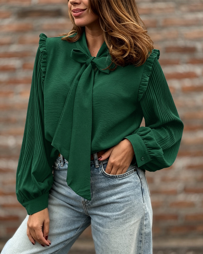 Women's Tie Neck Frill Trim Pleated Long Lantern Sleeve Chiffon Blouse