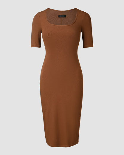 ChicMe Short Sleeve Bodycon Mid-Length Dress Square Neck Slim Fit Dress