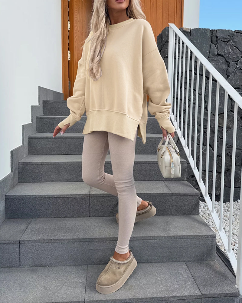 Women's Casual Crewneck Sweatshirt Loose Long Sleeve Side Slit Pullover Top with Thumb Holes