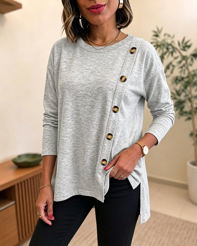 Women's Side Button Detail High-Low Split Hem Loose Tee Drop Shoulder Casual Top