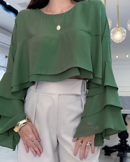 Round Neck Bell Sleeve Crop Top Casual Loose Fit Layered Blouse