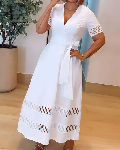 Plunge Short Sleeve Casual Cinch Hollow-out Tied Detail Dress