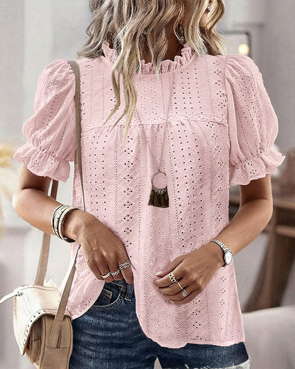 Elegant Frill Hem Stand Collar Puff Sleeve Blouse Casual Hollow Out Embroidery Pullover Top