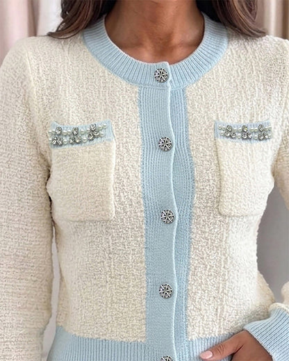 Women's Contrast Binding Knit Cardigan Pearl Beaded Textured Cropped Sweater Elegant Rhinestone Button Coat