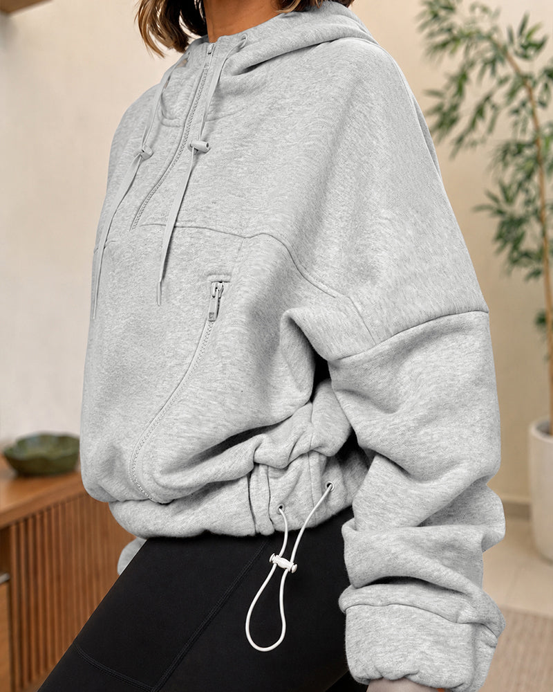 Women's Half-Zip Cropped Pullover Hoodie Drop Shoulder Drawstring Sweatshirt