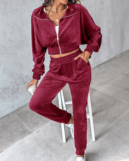 2 Piece Velvet Lounge Outfits Zip Up Crop Sweatshirt and Cuffed Sweatpants with Pockets
