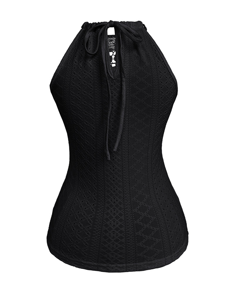 Halter Lace Up Water Soluble Lace Trim Sleeveless Tank Jacquard Casual Slim Fit Knit Top