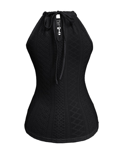 Halter Lace Up Water Soluble Lace Trim Sleeveless Tank Jacquard Casual Slim Fit Knit Top