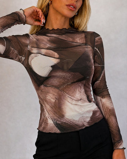 Women's Sheer Mesh Tie Dye Print Mock Neck Frill Trim Long Sleeve Top
