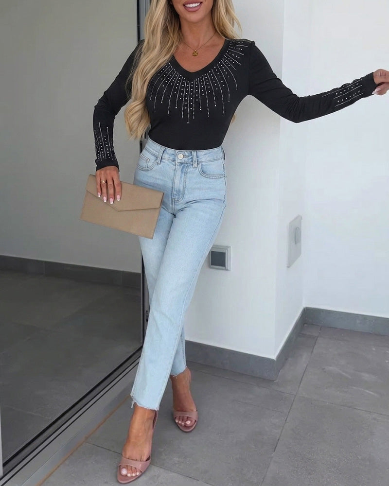 Women's Rhinestone V-Neck Long Sleeve Tee Slim Fit Sparkly Fitted Top