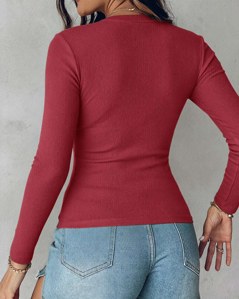 Women's V Neck Long Sleeve Ribbed Knit Top Slim Fit Base Layer Shirt Soft Stretchy Casual Tee with Built-in Bra