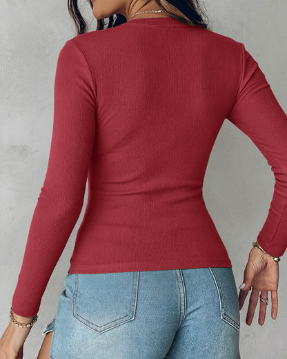 Women's V Neck Long Sleeve Ribbed Knit Top Slim Fit Base Layer Shirt Soft Stretchy Casual Tee with Built-in Bra