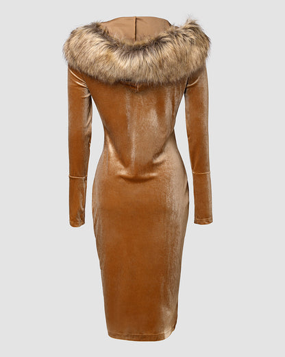 Velvet Fuzzy Trim Hooded Long Sleeve Zip Up Midi Dress