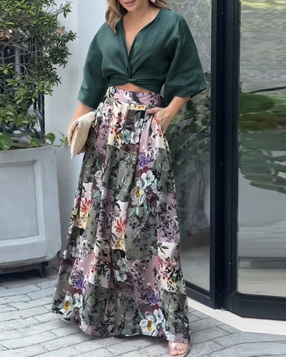 Twisted Crop Top & Floral Print Wide Leg Pants Set