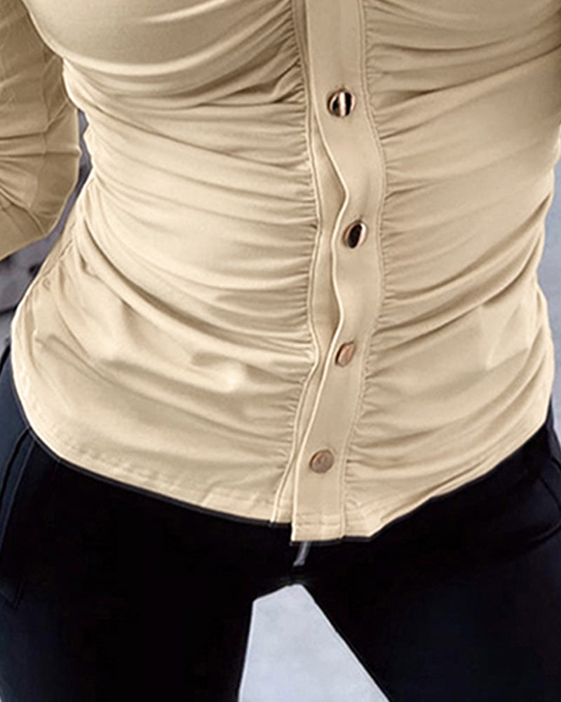 Long Sleeve Button Down Shirt Collar Neck Ruched Fitted Top
