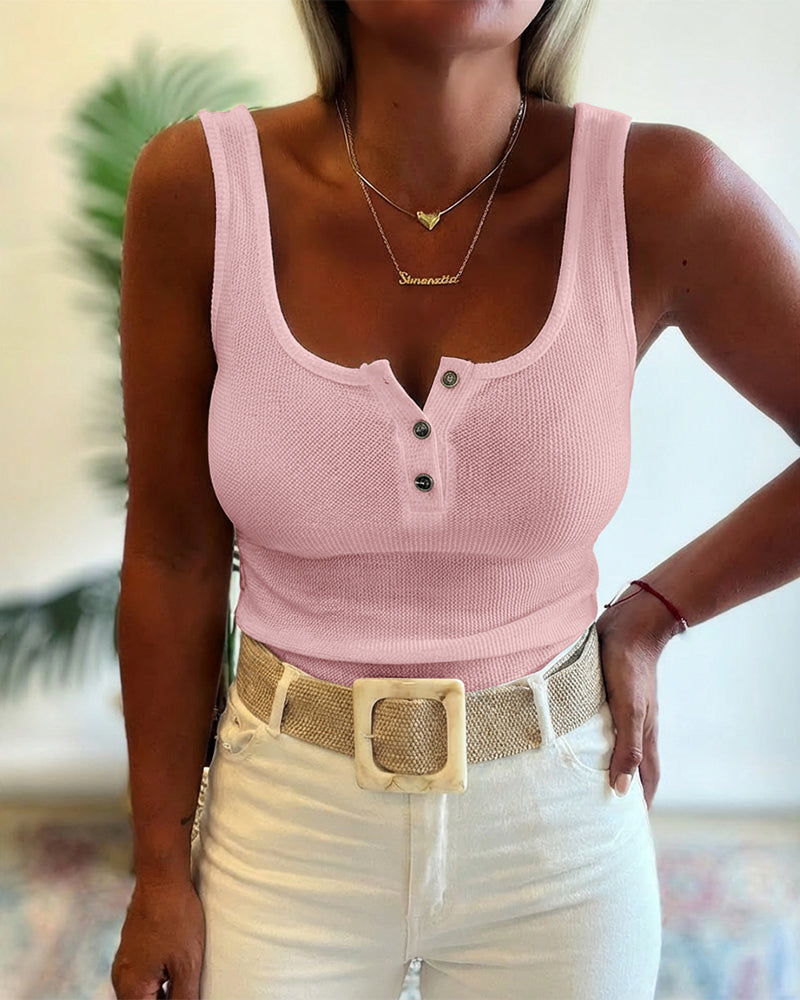 U-Neck Sleeveless Half Button Front Tank Slim Fit Backless Knit Waffle Tank Top