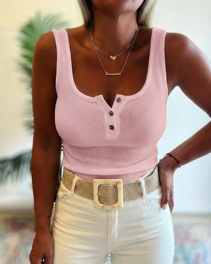 U-Neck Sleeveless Half Button Front Tank Slim Fit Backless Knit Waffle Tank Top