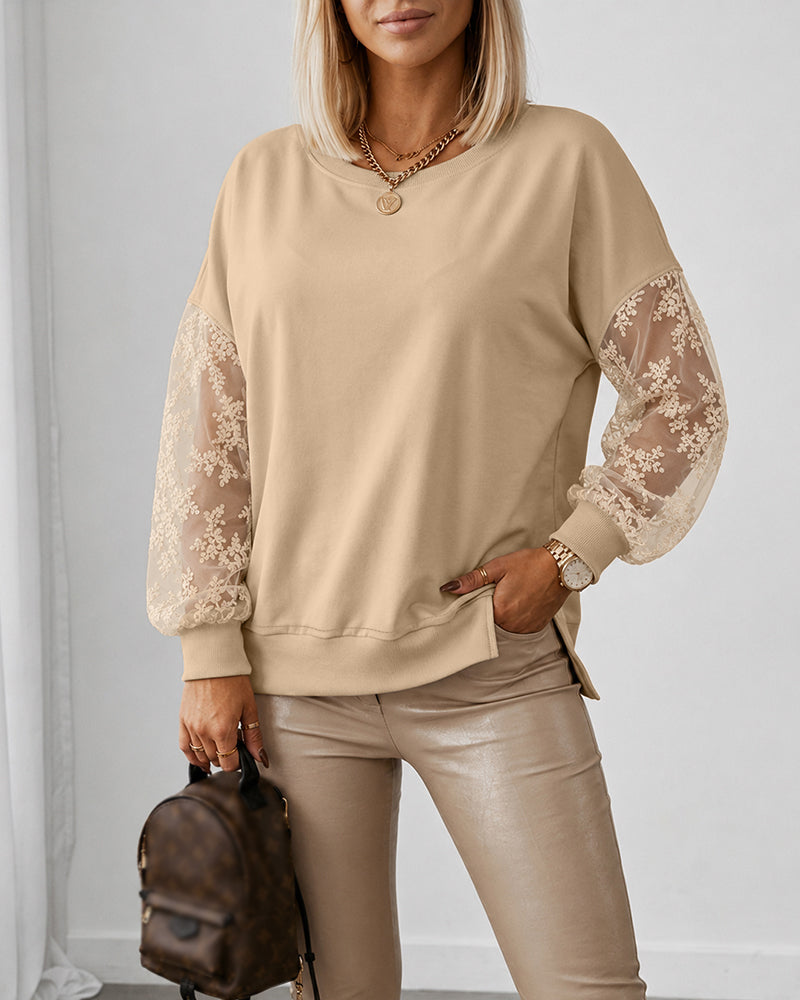 Women's Lace Patchwork Sweatshirt Loose Crewneck Drop Shoulder Pullover Long Sleeve Side Slit Casual Top