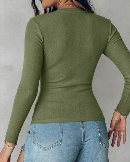 Women's V Neck Long Sleeve Ribbed Knit Top Slim Fit Base Layer Shirt Soft Stretchy Casual Tee with Built-in Bra