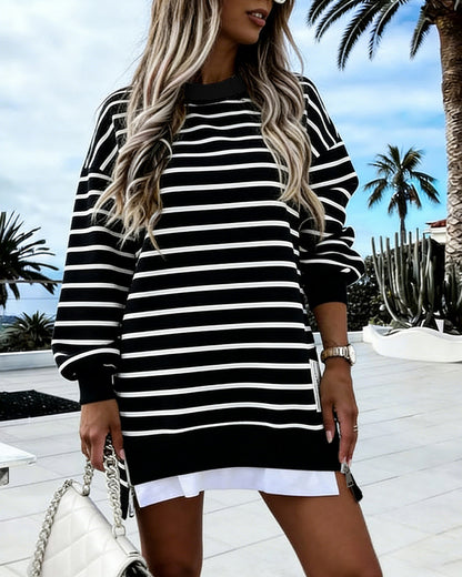 Women's Striped Sweatshirt Dress Long Sleeve Crew Neck Casual Pullover Side Zipper Trendy Streetwear