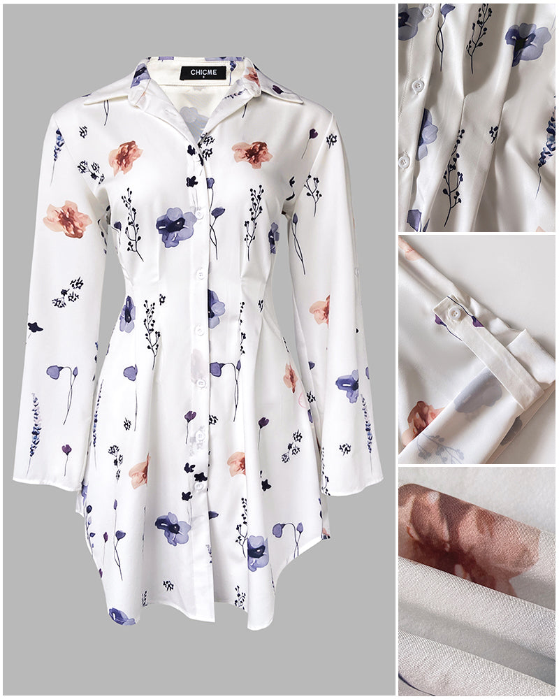 Watercolor Floral Print Turn-down Collar Turn-Up Sleeves Shirred Back Shirt Dress Casual Button Down Cinched Waist Asymmetrical Hem Vacation Dress