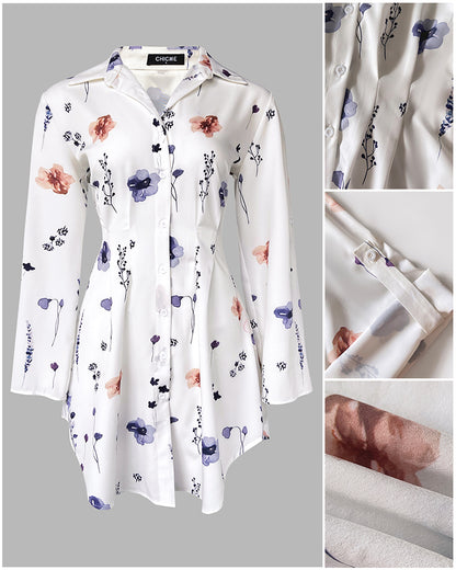 Watercolor Floral Print Turn-down Collar Turn-Up Sleeves Shirred Back Shirt Dress Casual Button Down Cinched Waist Asymmetrical Hem Vacation Dress